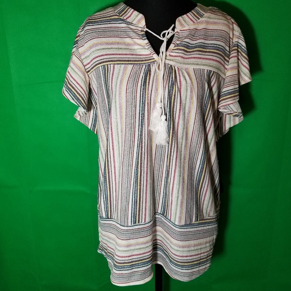 Cure Women's Flutter Sleeve Round Striped Top Size Small Boho Tassel NWT